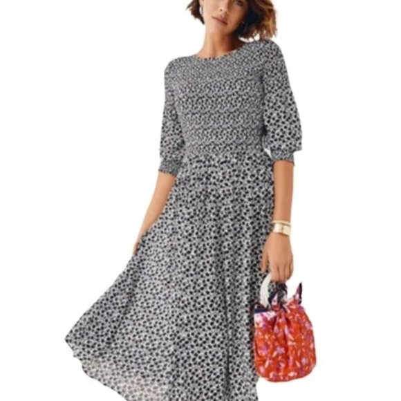 ANN TAYLOR Smocked Leaf Print Midi Dress - Picture 2 of 6